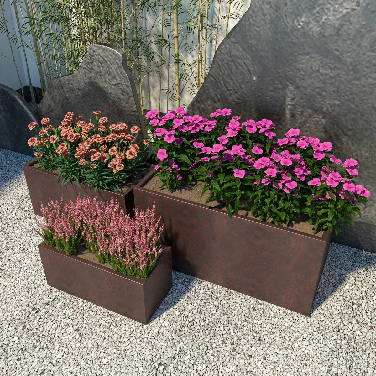 Bloom 3-Piece Modern Fiberstone and MGO Clay Rectangular Planter Set for Indoor and Outdoor - Elax Furniture