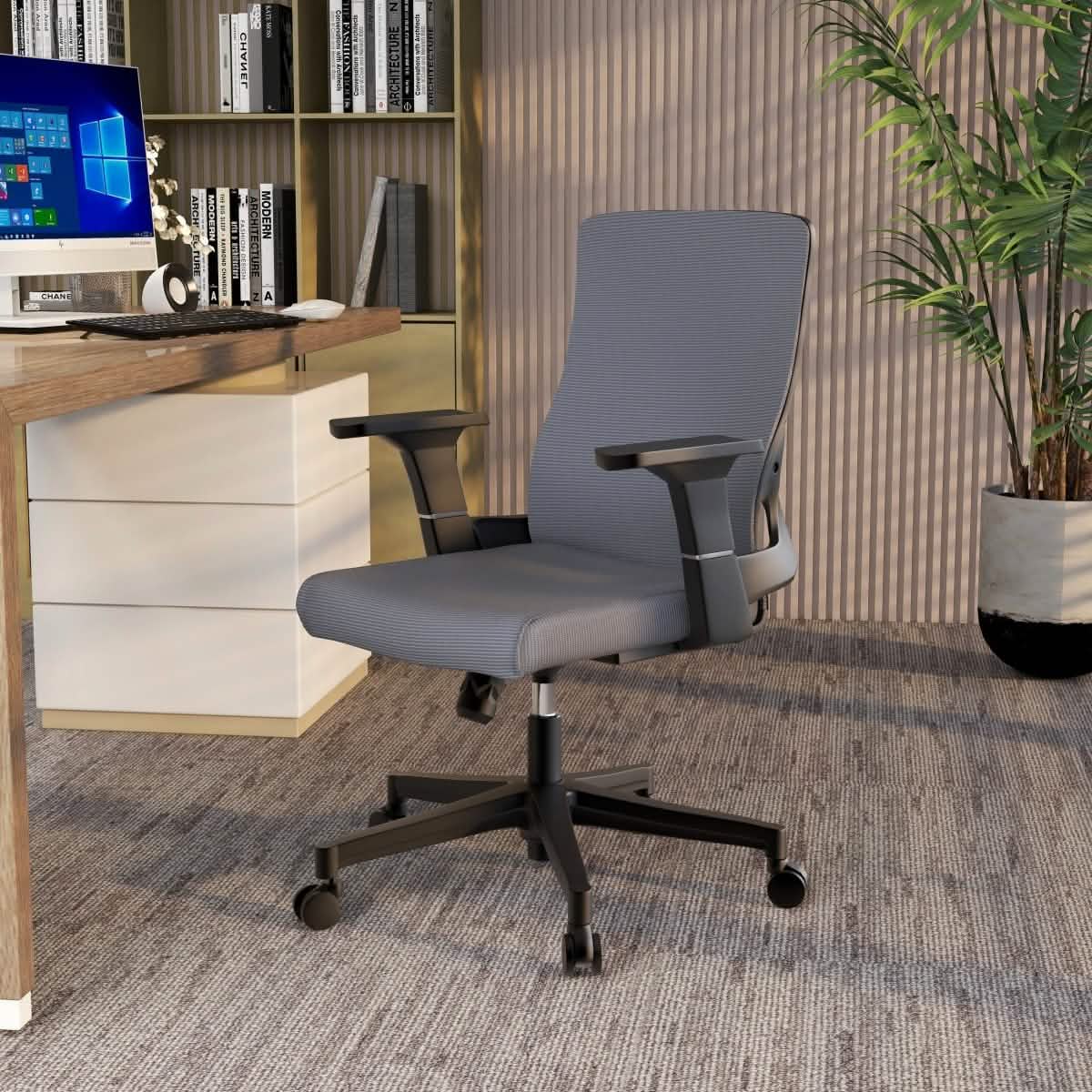 Brio Mid-Back Adjustable Office Chair Upholstered in Cotton Grey Office Chair Leisuremod