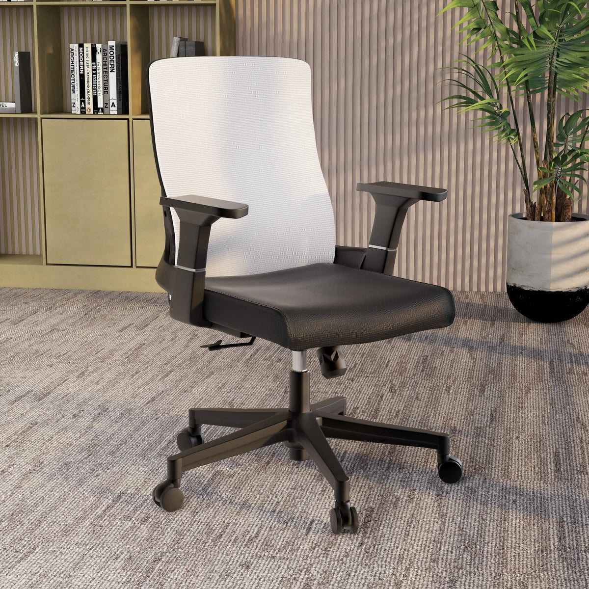 Brio Mid-Back Adjustable Office Chair Upholstered in Cotton White Office Chair Leisuremod