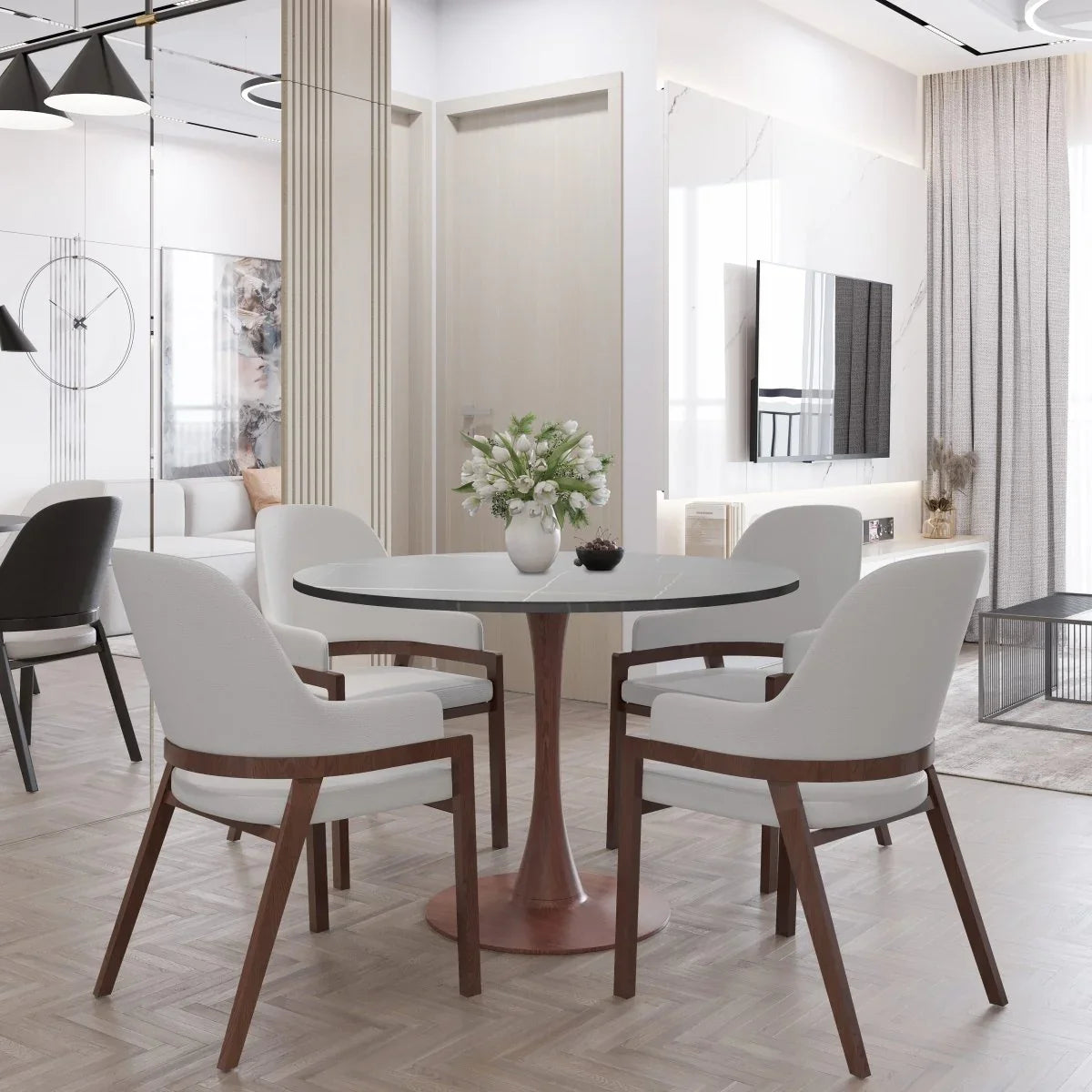 Bristol 27"/31"/35"/40" Round Dining Table Wood Transfer Cherry/Natural/Walnut Base with Sintered Stone Table Top - Elax Furniture