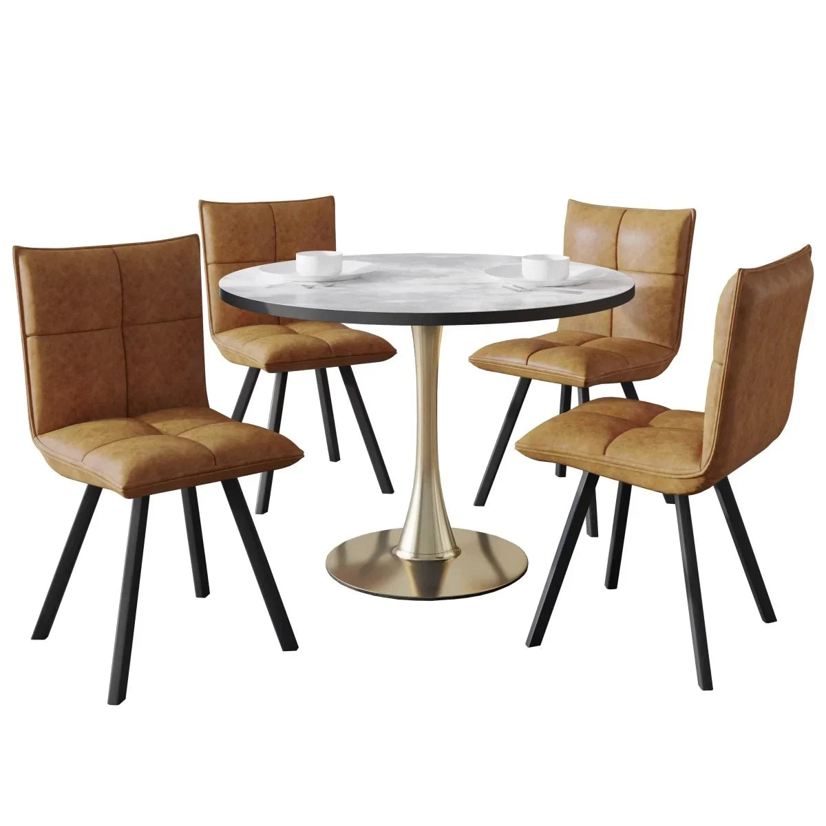 Bristol 5-Piece Dining Set with 35" Round Dining Table with White Sintered Stone Top and Black Base 4 Leather Dining Chairs - Elax Furniture