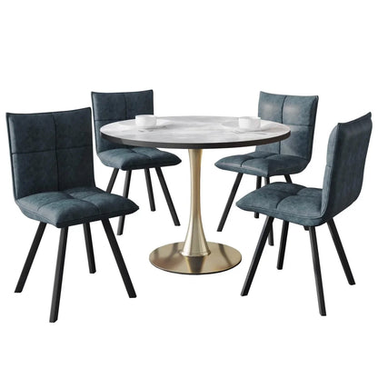 Bristol 5-Piece Dining Set with 35" Round Dining Table with White Sintered Stone Top and Black Base 4 Leather Dining Chairs - Elax Furniture