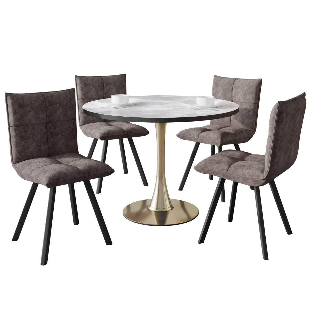 Bristol 5-Piece Dining Set with 35" Round Dining Table with White Sintered Stone Top and Black Base 4 Leather Dining Chairs - Elax Furniture