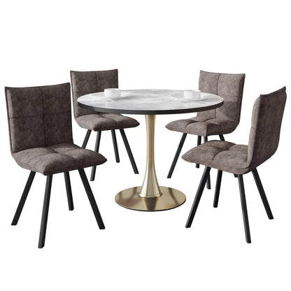 Bristol 5-Piece Dining Set with 35" Round Dining Table with White Sintered Stone Top and Black Base 4 Leather Dining Chairs - Elax Furniture