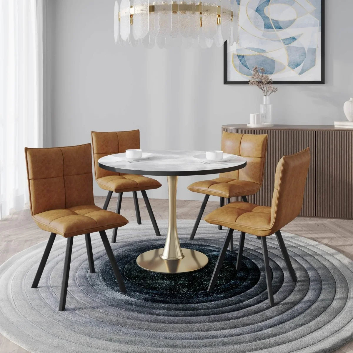 Bristol 5-Piece Dining Set with 35" Round Dining Table with White Sintered Stone Top and Black Base 4 Leather Dining Chairs - Elax Furniture