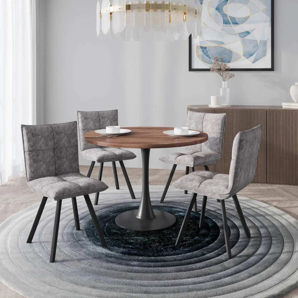 Bristol 5-Piece Dining Set with 36" Round Dining Table with Cognac Brown MDF Top and Black Base 4 Leather Dining Chairs - Elax Furniture