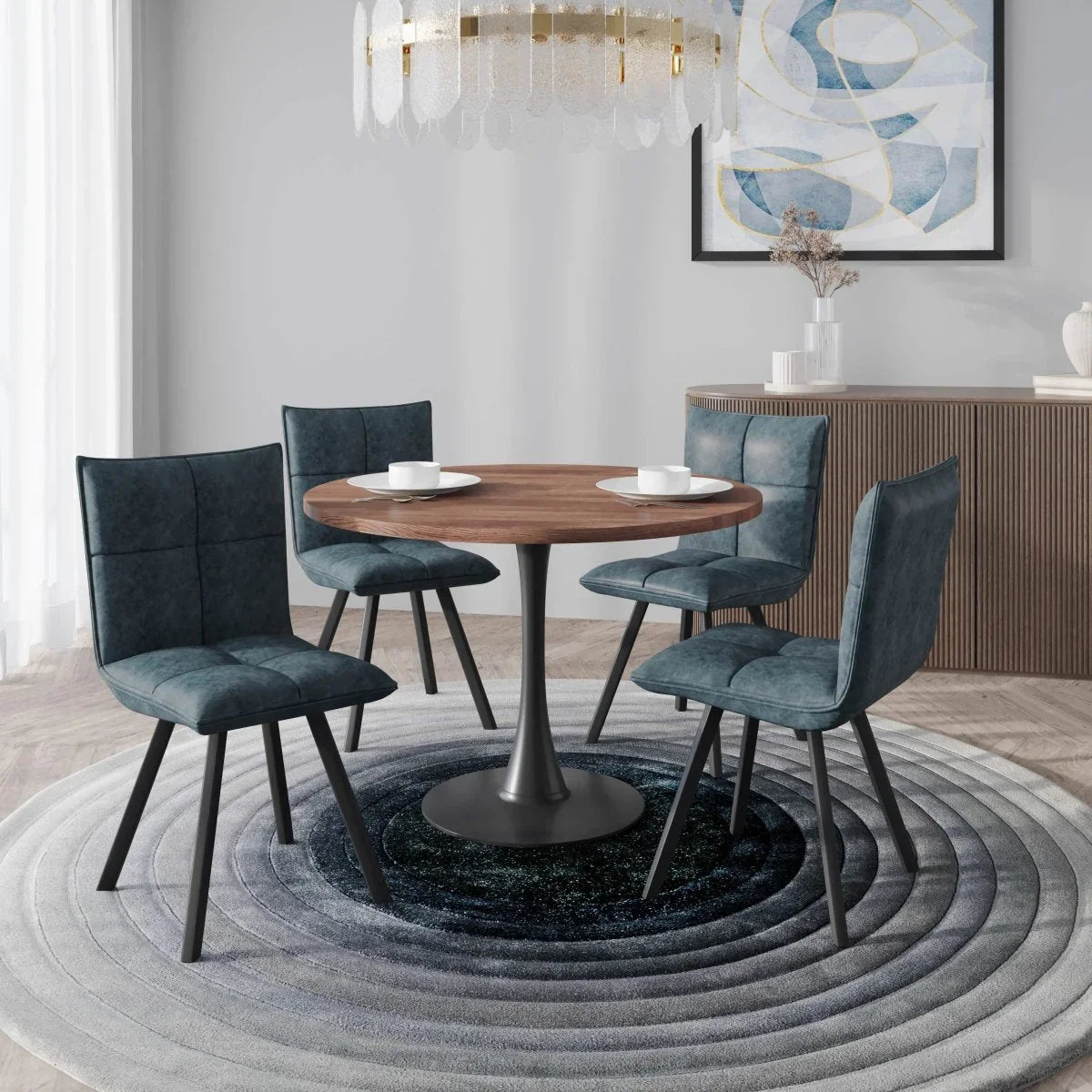 Bristol 5-Piece Dining Set with 36" Round Dining Table with Cognac Brown MDF Top and Black Base 4 Leather Dining Chairs - Elax Furniture
