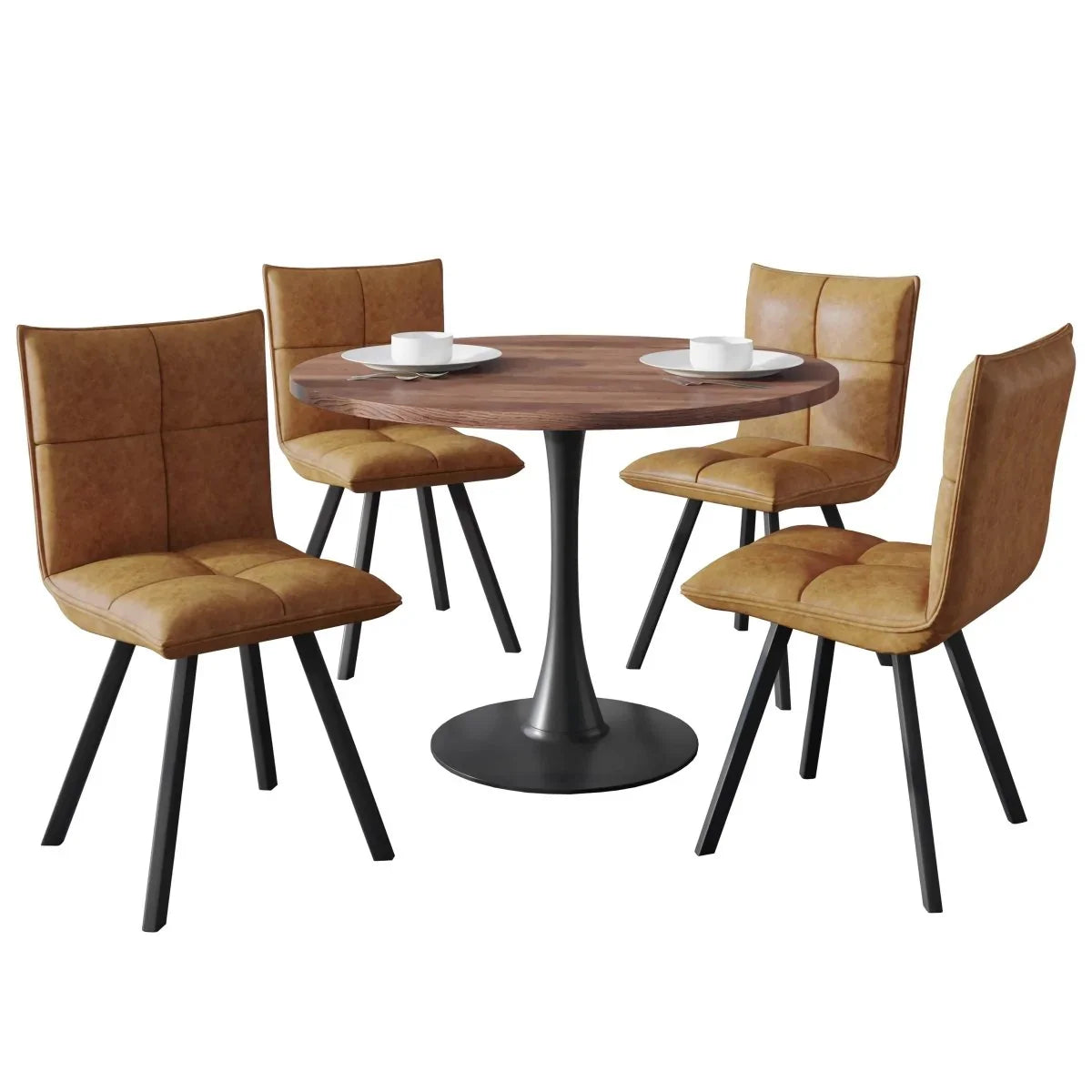 Bristol 5-Piece Dining Set with 36" Round Dining Table with Cognac Brown MDF Top and Black Base 4 Leather Dining Chairs - Elax Furniture