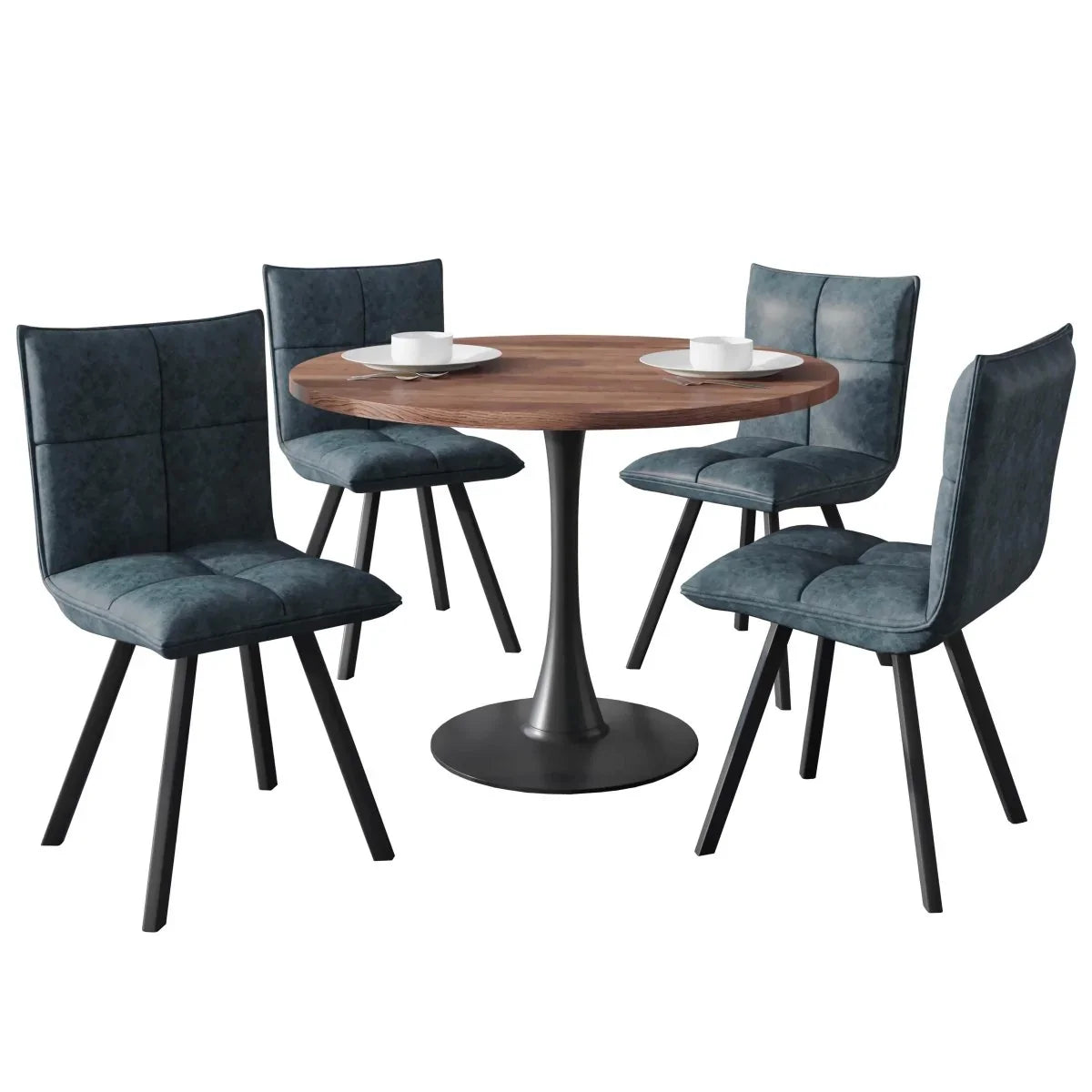 Bristol 5-Piece Dining Set with 36" Round Dining Table with Cognac Brown MDF Top and Black Base 4 Leather Dining Chairs - Elax Furniture