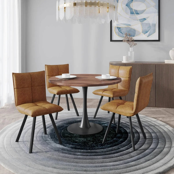 Bristol 5-Piece Dining Set with 36" Round Dining Table with Cognac Brown MDF Top and Black Base 4 Leather Dining Chairs