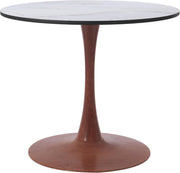 Bristol Round Dining Table With MDF Wood/Sintered Stone Tabletop with Cherry Finish Pedestal Base Wood Marbled White Dining Table LeisureMod