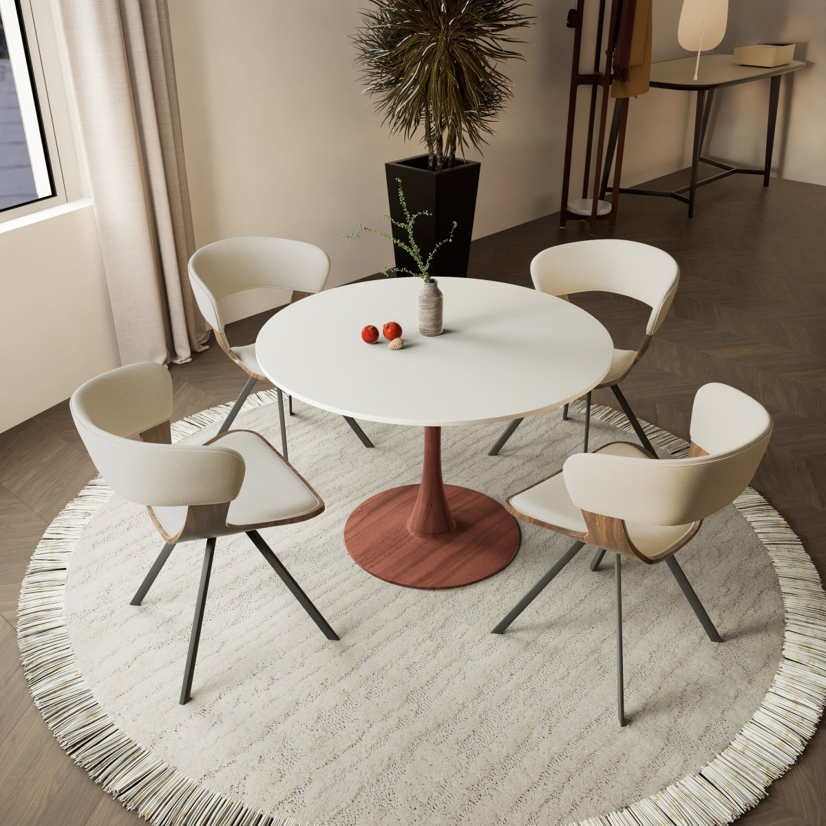 Bristol Round Dining Table With MDF Wood/Sintered Stone Tabletop with Cherry Finish Pedestal Base Stone White Dining Table LeisureMod