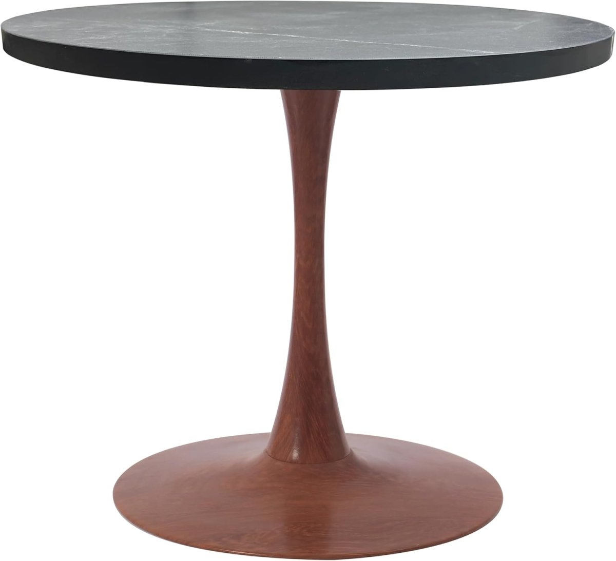 Bristol Round Dining Table With MDF Wood/Sintered Stone Tabletop with Cherry Finish Pedestal Base Wood Marbleized Black Dining Table LeisureMod