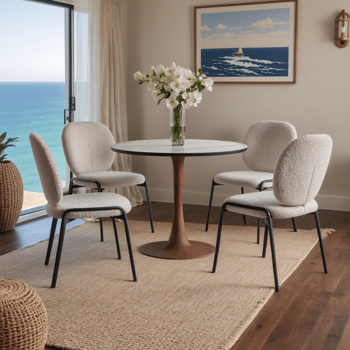 Bristol Round Dining Table With MDF Wood/Sintered Stone Tabletop with Cherry Finish Pedestal Base Wood Marbled White Dining Table LeisureMod