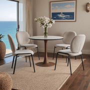 Bristol Round Dining Table With MDF Wood/Sintered Stone Tabletop with Cherry Finish Pedestal Base Wood Marbled White Dining Table LeisureMod