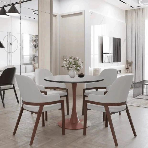 Bristol Round Dining Table With MDF Wood/Sintered Stone Tabletop with Cherry Finish Pedestal Base Dining Table LeisureMod