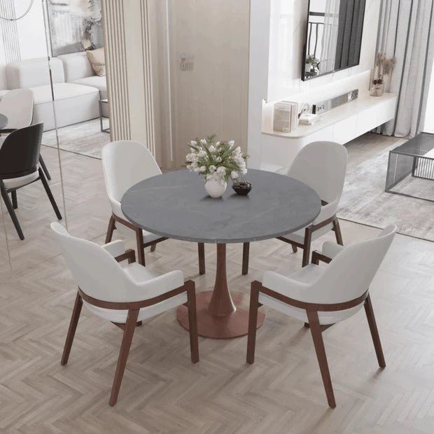 Bristol Round Dining Table With MDF Wood/Sintered Stone Tabletop with Cherry Finish Pedestal Base Stone Dining Table LeisureMod