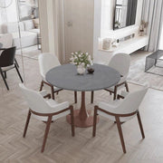 Bristol Round Dining Table With MDF Wood/Sintered Stone Tabletop with Cherry Finish Pedestal Base Stone Dining Table LeisureMod