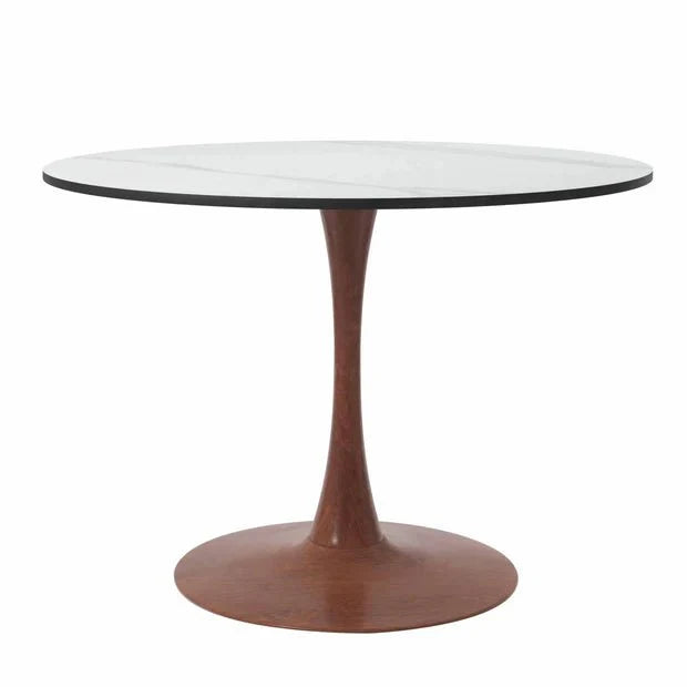 Bristol Round Dining Table With MDF Wood/Sintered Stone Tabletop with Cherry Finish Pedestal Base Stone White Dining Table LeisureMod