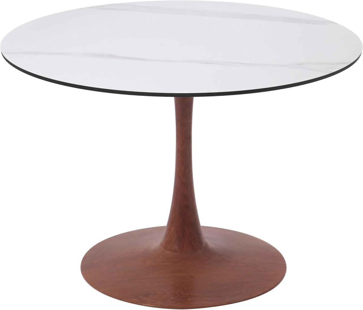 Bristol Round Dining Table With MDF Wood/Sintered Stone Tabletop with Cherry Finish Pedestal Base Stone White Dining Table LeisureMod