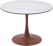 Bristol Round Dining Table With MDF Wood/Sintered Stone Tabletop with Cherry Finish Pedestal Base Stone White Dining Table LeisureMod