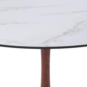 Bristol Round Dining Table With MDF Wood/Sintered Stone Tabletop with Cherry Finish Pedestal Base Wood Marbled White Dining Table LeisureMod