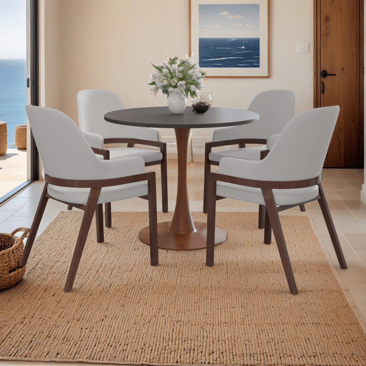 Bristol Round Dining Table With MDF Wood/Sintered Stone Tabletop with Cherry Finish Pedestal Base Wood Black Dining Table LeisureMod
