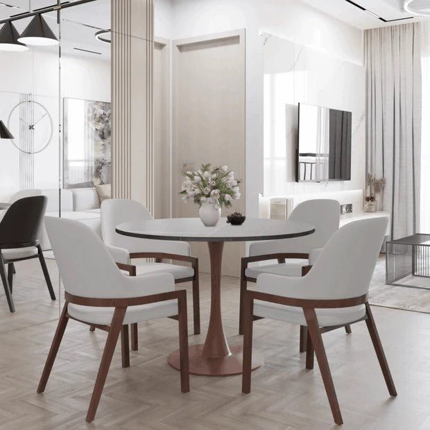 Bristol Round Dining Table With MDF Wood/Sintered Stone Tabletop with Cherry Finish Pedestal Base Stone Dining Table LeisureMod