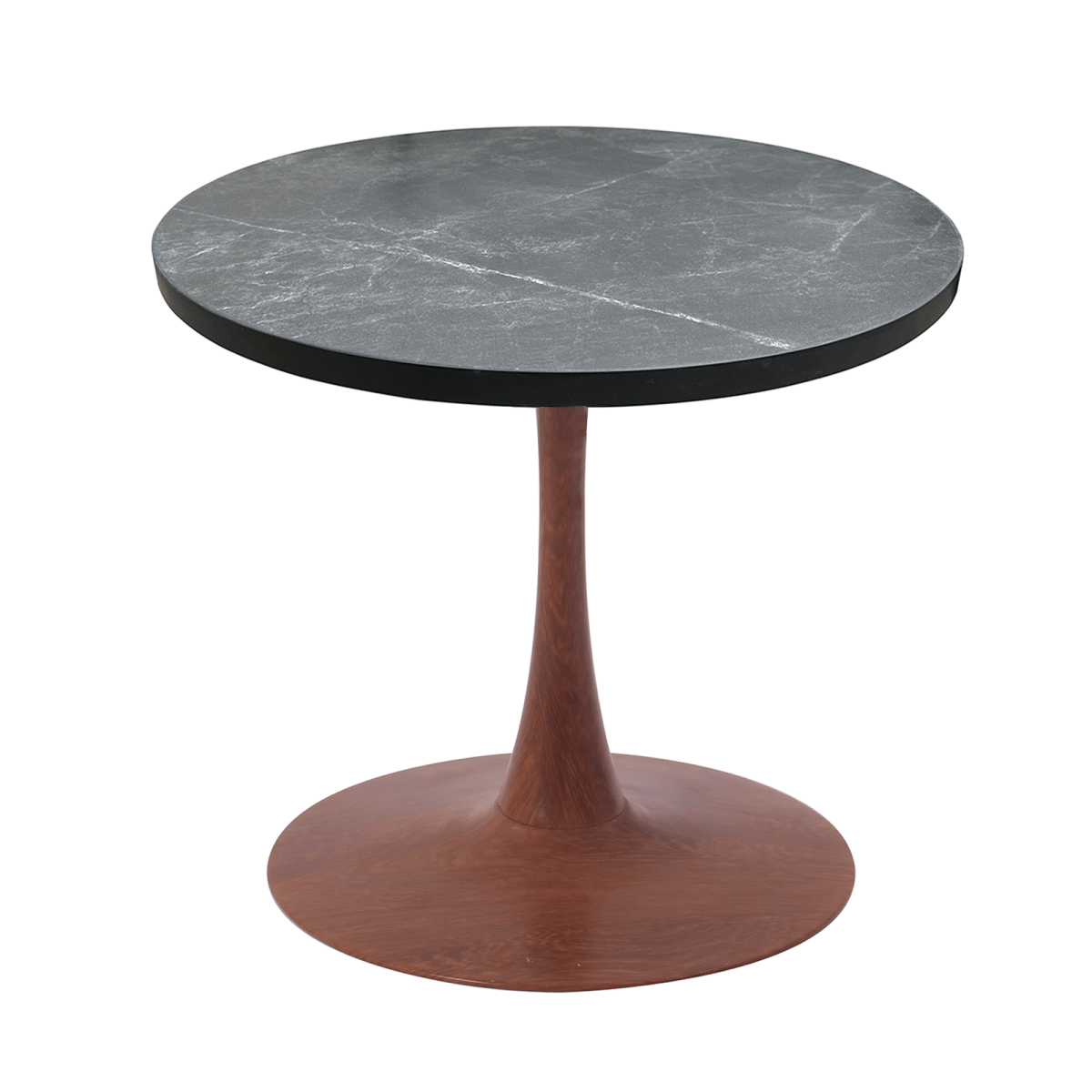 Bristol Round Dining Table With MDF Wood/Sintered Stone Tabletop with Cherry Finish Pedestal Base Wood Marbleized Black Dining Table LeisureMod