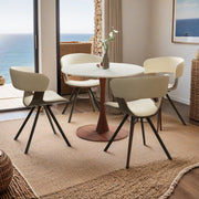 Bristol Round Dining Table With MDF Wood/Sintered Stone Tabletop with Cherry Finish Pedestal Base Wood White Dining Table LeisureMod