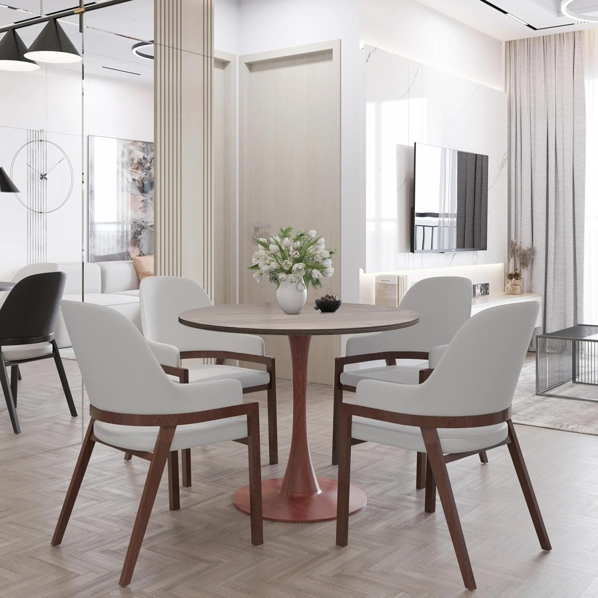 Bristol Round Dining Table With MDF Wood/Sintered Stone Tabletop with Cherry Finish Pedestal Base Wood Dark Walnut Dining Table LeisureMod