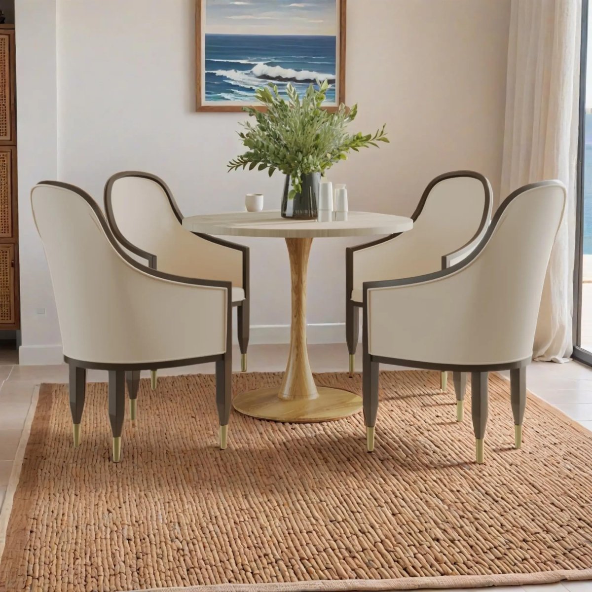 Bristol Round Dining Table With MDF Wood/Sintered Stone Tabletop with Natural Wood Finish Pedestal Base Stone Natural Wood Dining Table LeisureMod