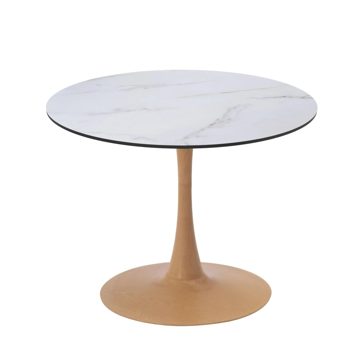 Bristol Round Dining Table With MDF Wood/Sintered Stone Tabletop with Natural Wood Finish Pedestal Base Wood 40 in. Wide Marbled White Dining Table LeisureMod