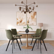 Bristol Round Dining Table With MDF Wood/Sintered Stone Tabletop with Natural Wood Finish Pedestal Base Wood Marbled White Dining Table LeisureMod