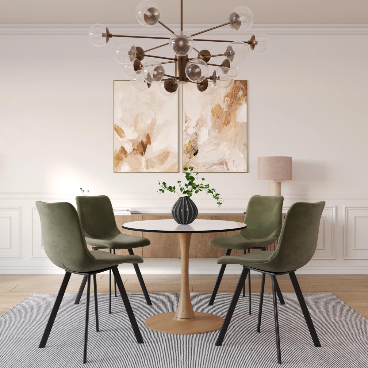 Bristol Round Dining Table With MDF Wood/Sintered Stone Tabletop with Natural Wood Finish Pedestal Base Wood 27 in. Wide Light Natural Wood Dining Table LeisureMod