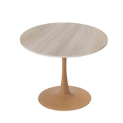 Bristol Round Dining Table With MDF Wood/Sintered Stone Tabletop with Natural Wood Finish Pedestal Base Stone Natural Wood Dining Table LeisureMod