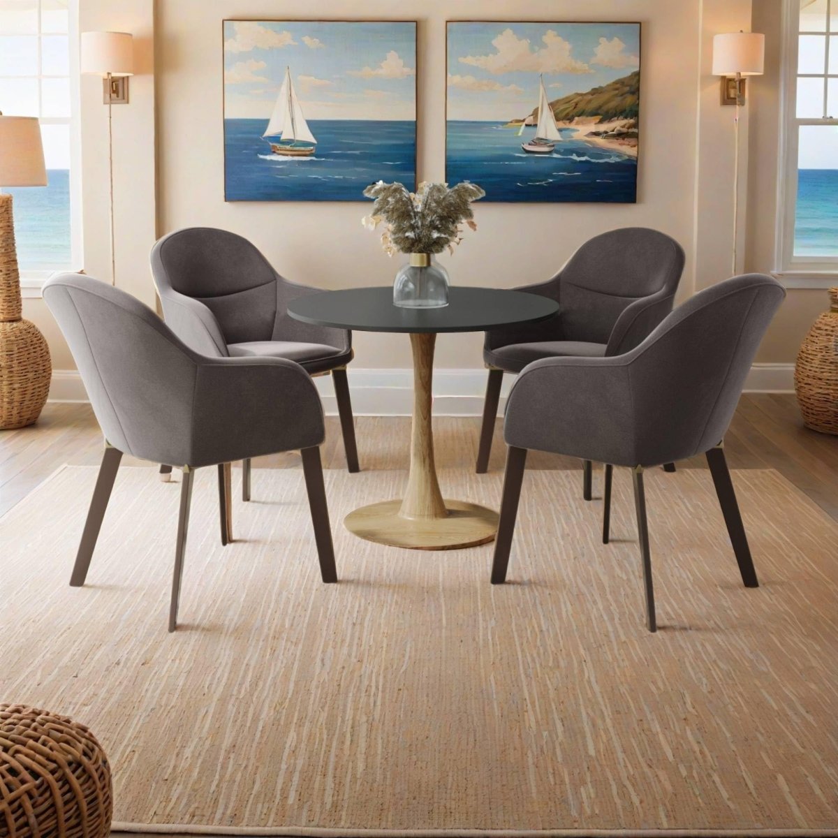 Bristol Round Dining Table With MDF Wood/Sintered Stone Tabletop with Natural Wood Finish Pedestal Base Wood Black Dining Table LeisureMod