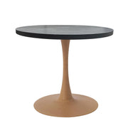 Bristol Round Dining Table With MDF Wood/Sintered Stone Tabletop with Natural Wood Finish Pedestal Base Wood Marbleized Black Dining Table LeisureMod
