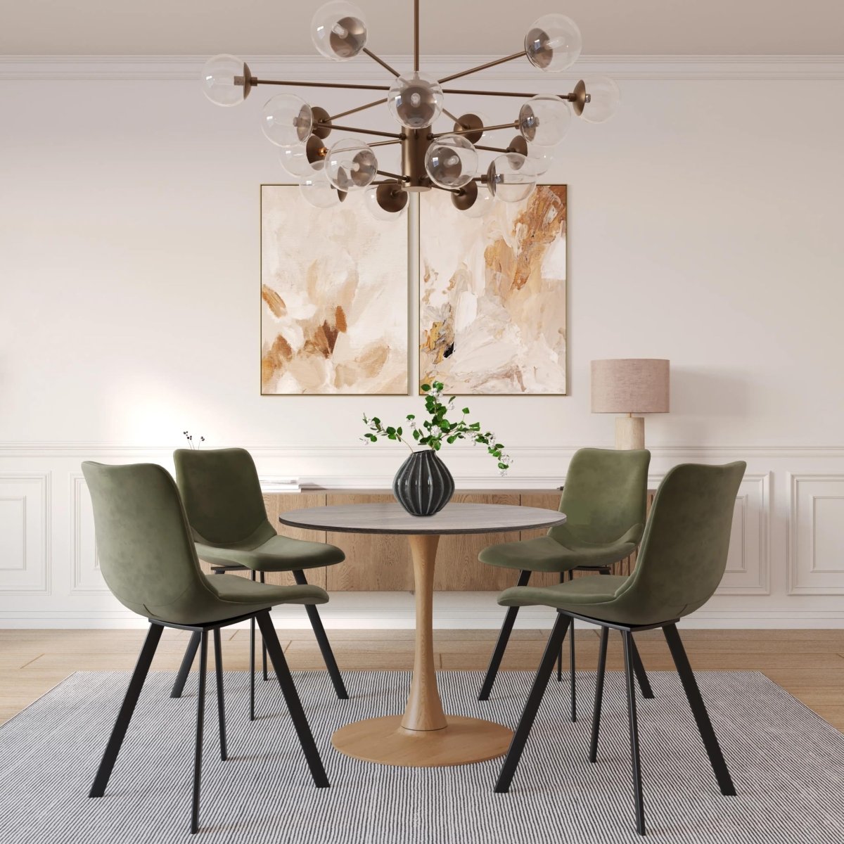 Bristol Round Dining Table With MDF Wood/Sintered Stone Tabletop with Natural Wood Finish Pedestal Base Wood Dark Walnut Dining Table LeisureMod
