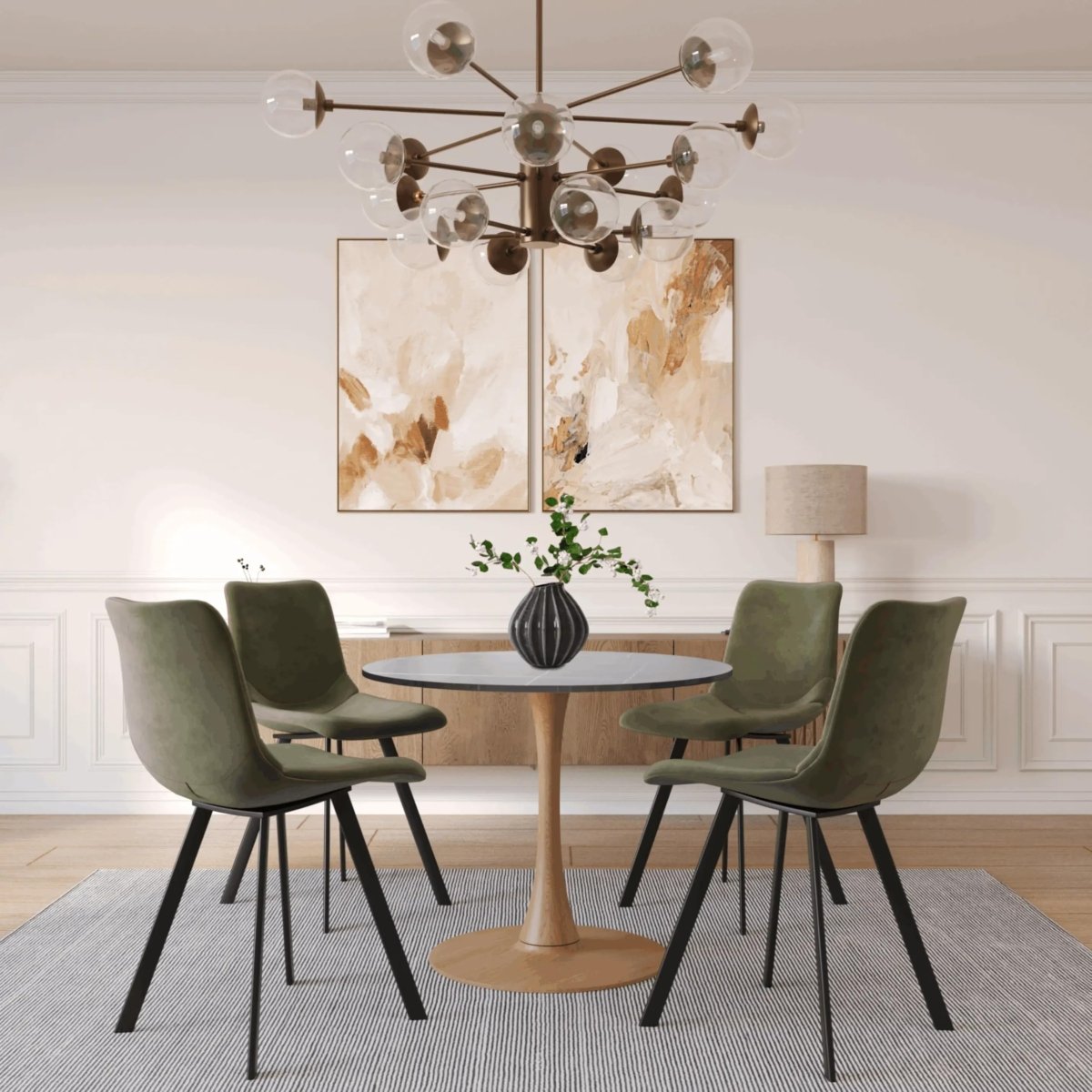 Bristol Round Dining Table With MDF Wood/Sintered Stone Tabletop with Natural Wood Finish Pedestal Base Stone Black Dining Table LeisureMod