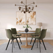 Bristol Round Dining Table With MDF Wood/Sintered Stone Tabletop with Natural Wood Finish Pedestal Base Stone Black Dining Table LeisureMod