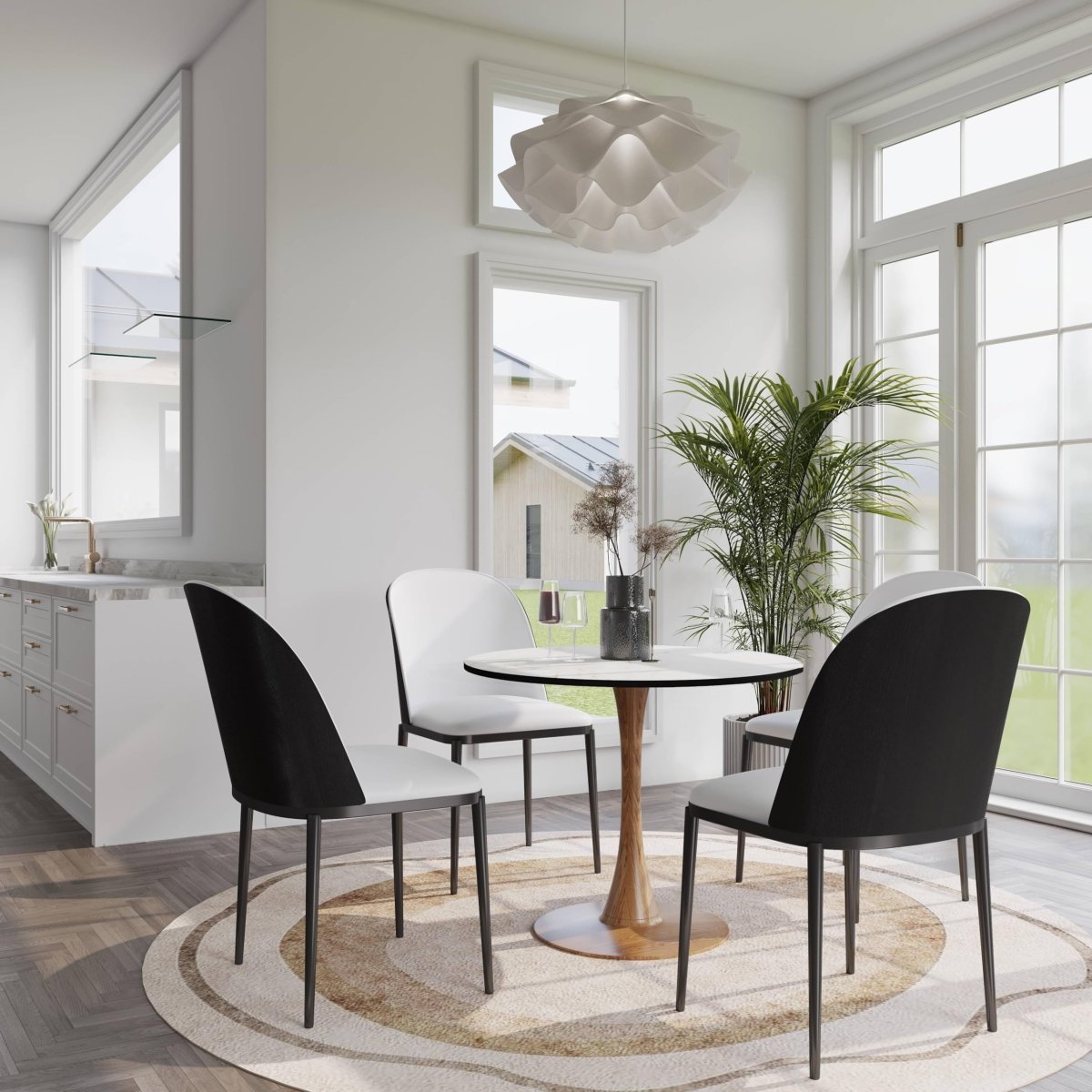 Bristol Round Dining Table With MDF Wood/Sintered Stone Tabletop with Natural Wood Finish Pedestal Base Wood White Dining Table LeisureMod
