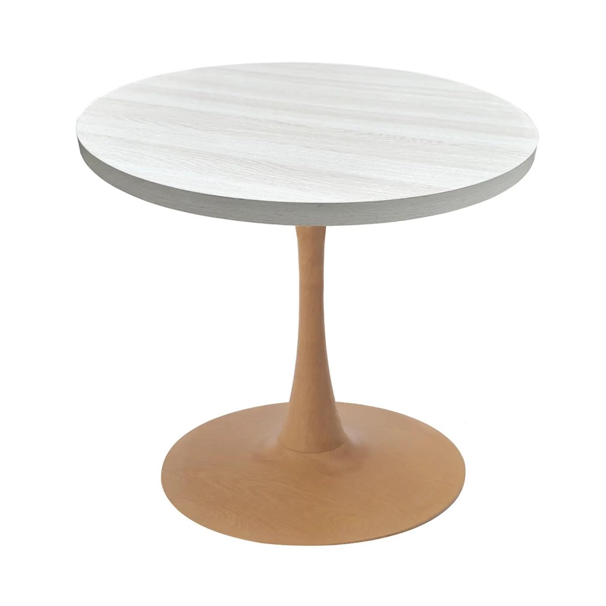 Bristol Round Dining Table With MDF Wood/Sintered Stone Tabletop with Natural Wood Finish Pedestal Base Wood 27 in. Wide Light Natural Wood Dining Table LeisureMod