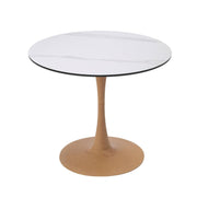Bristol Round Dining Table With MDF Wood/Sintered Stone Tabletop with Natural Wood Finish Pedestal Base Wood White Dining Table LeisureMod