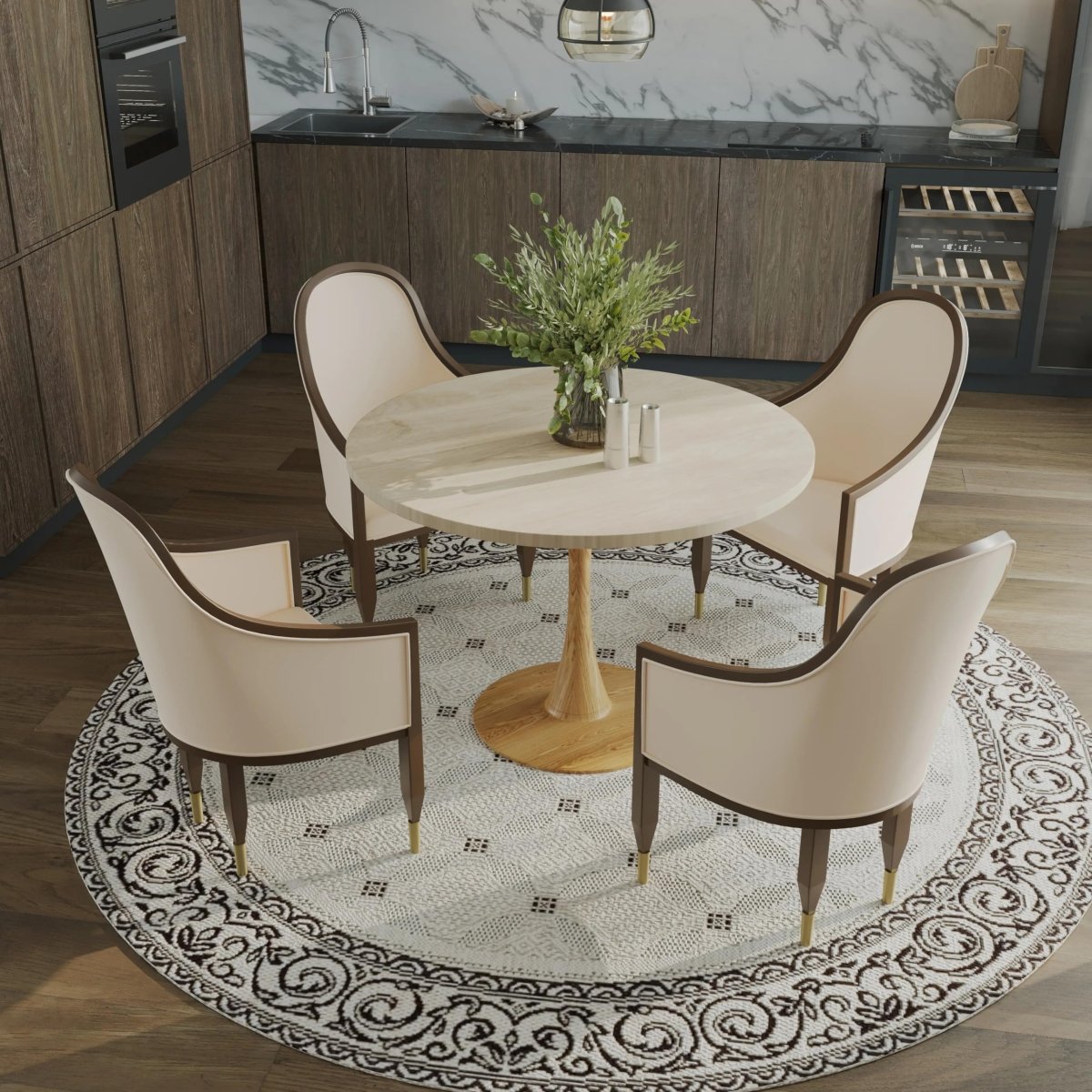 Bristol Round Dining Table With MDF Wood/Sintered Stone Tabletop with Natural Wood Finish Pedestal Base Wood 35 in. Wide Natural Wood Dining Table LeisureMod