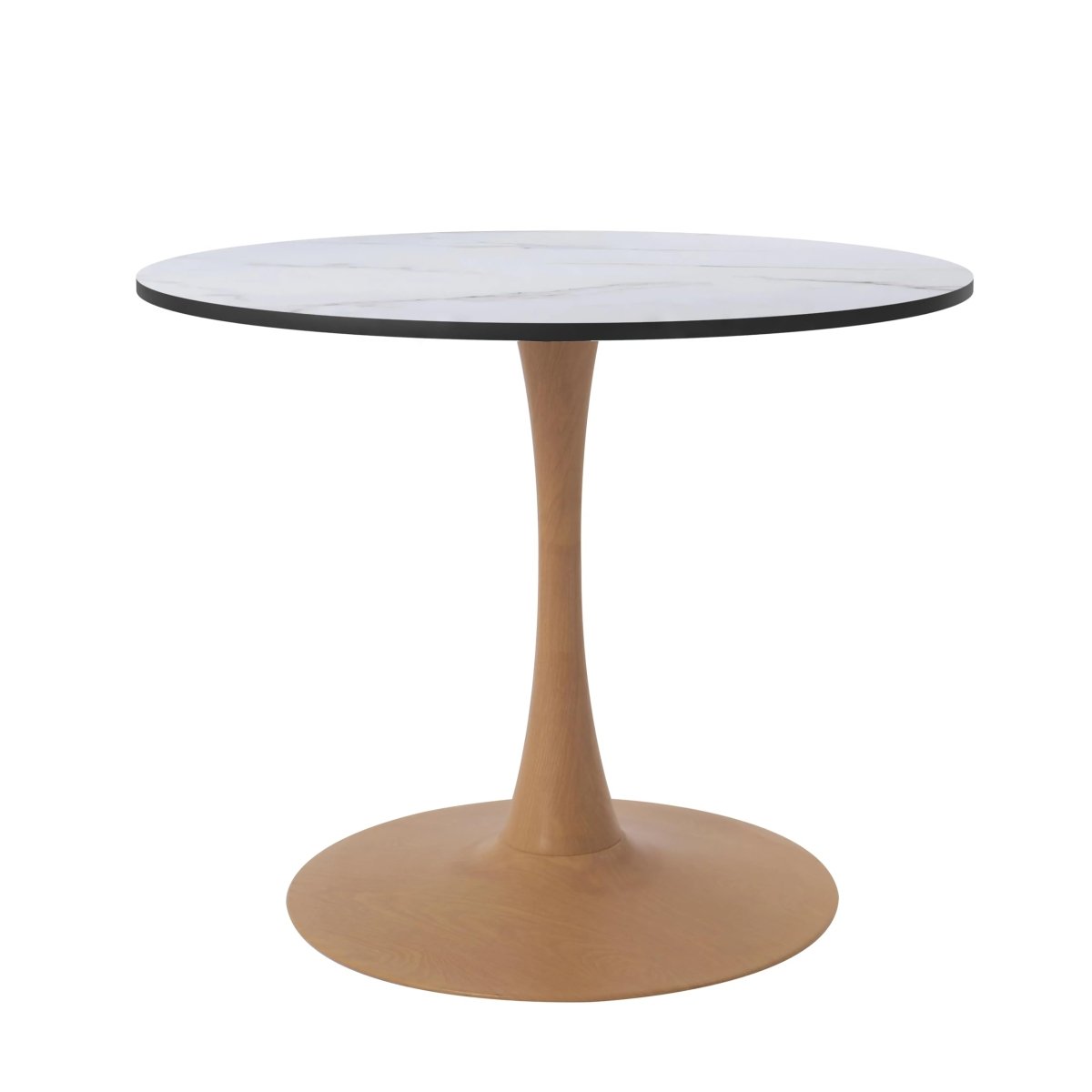 Bristol Round Dining Table With MDF Wood/Sintered Stone Tabletop with Natural Wood Finish Pedestal Base Wood 27 in. Wide Light Natural Wood Dining Table LeisureMod
