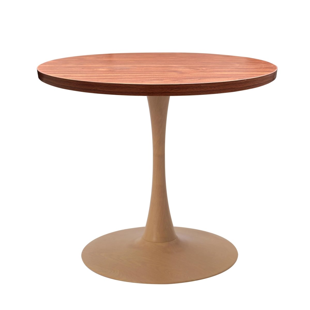Bristol Round Dining Table With MDF Wood/Sintered Stone Tabletop with Natural Wood Finish Pedestal Base Wood Cognac Brown Dining Table LeisureMod