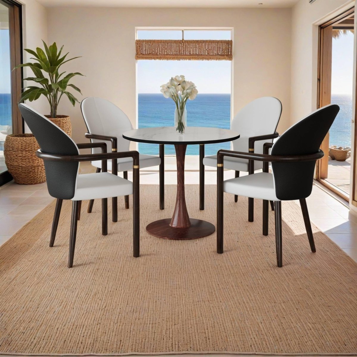 Bristol Round Dining Table With MDF Wood/Sintered Stone Tabletop with Walnut Finish Pedestal Base Wood Marbled White Dining Table LeisureMod