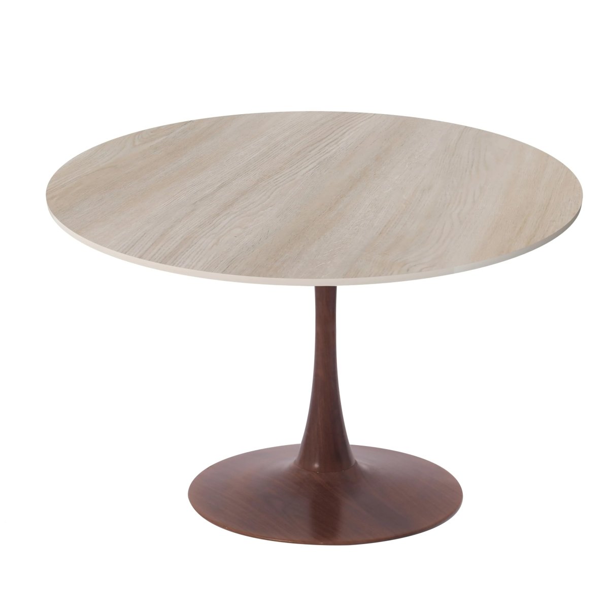 Bristol Round Dining Table With MDF Wood/Sintered Stone Tabletop with Walnut Finish Pedestal Base 35 in. Wide Wood Natural Wood Dining Table LeisureMod