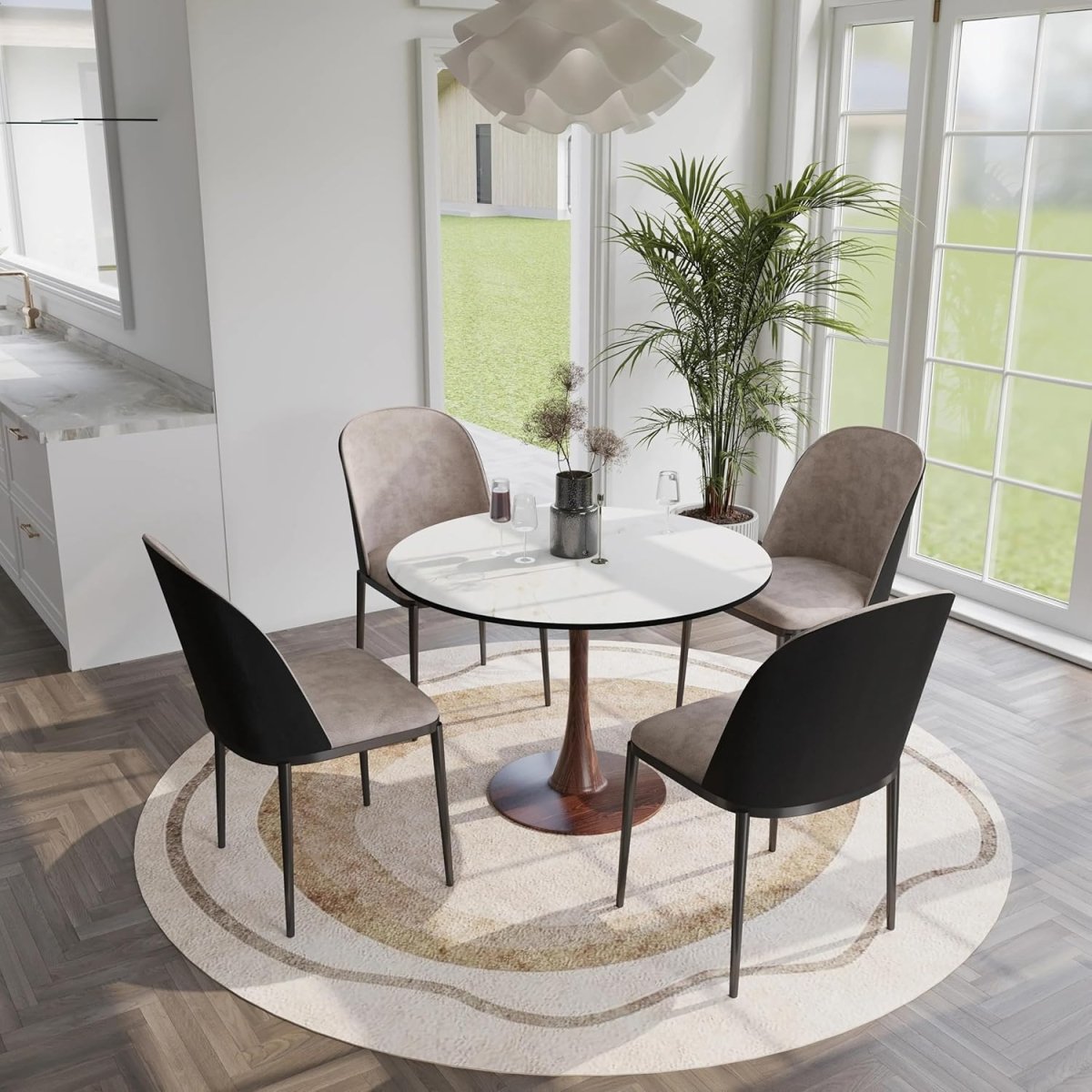 Bristol Round Dining Table With MDF Wood/Sintered Stone Tabletop with Walnut Finish Pedestal Base Stone White Dining Table LeisureMod